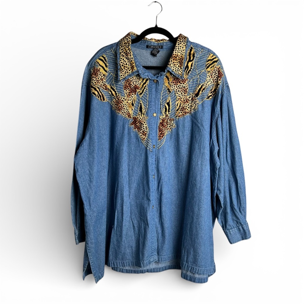 Vintage Coqueta Maximalist Leopard Denim Statement Shirt 4X